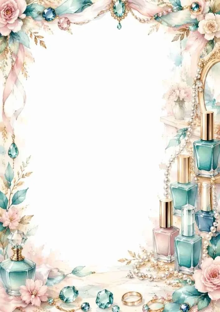 Decorative border with nail polish bottles, pearls, flowers, gems, and a vanity mirror.