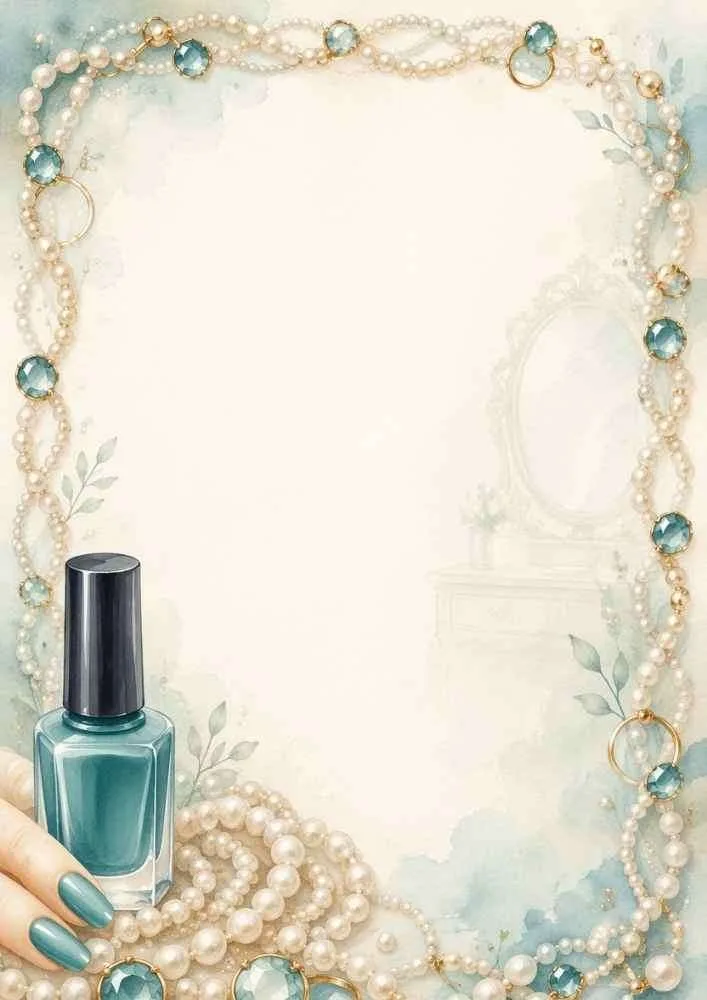 Border with pearl necklaces, teal gems, rings, and a teal nail polish bottle.