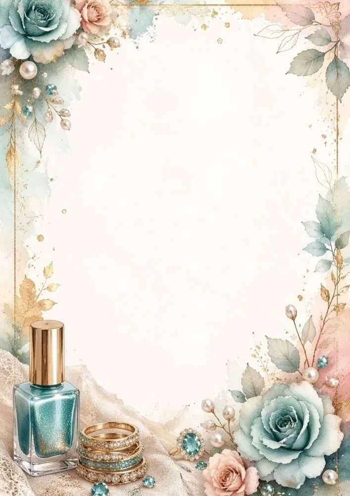 Floral border with roses, rings, pearls, gems, and a teal nail polish bottle.