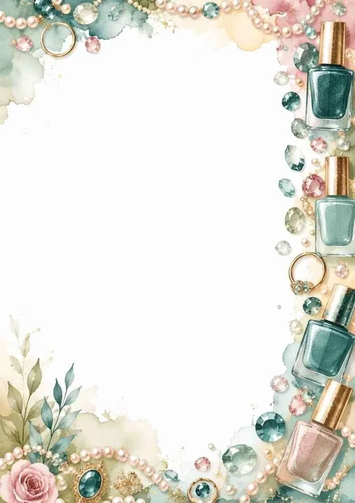 Border with four teal nail polish bottles, pearls, gems, and flowers.