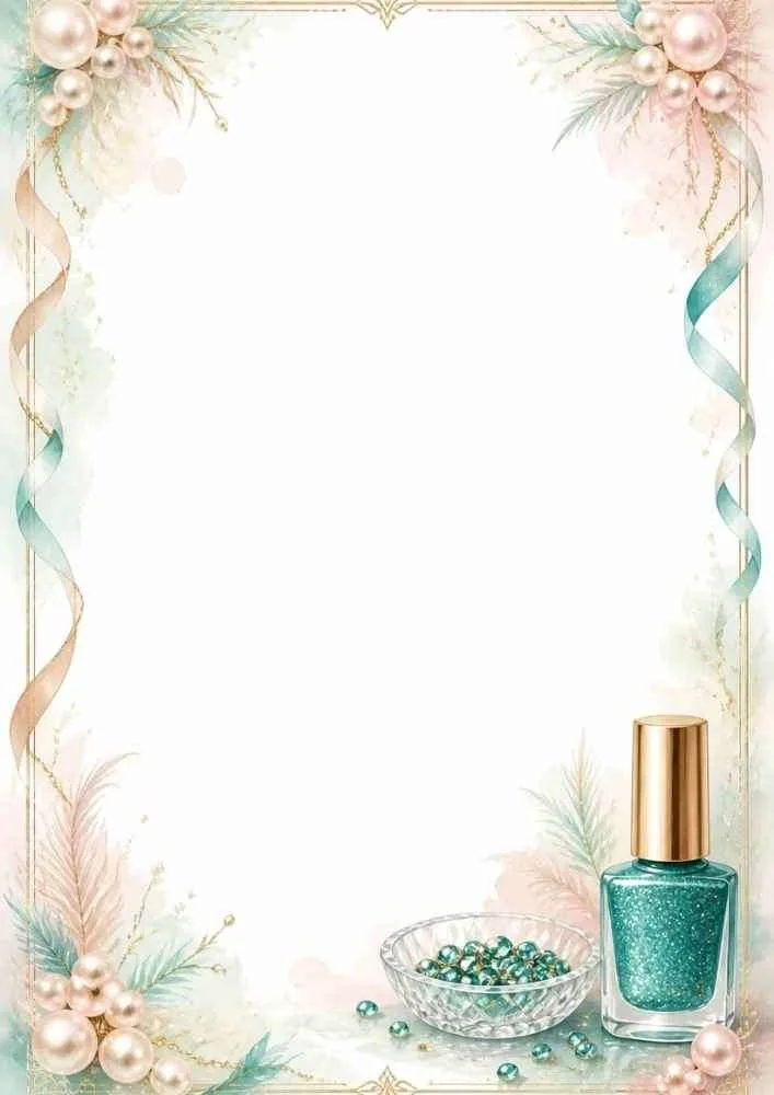 Border with ribbons, pearls, teal nail polish bottle, and crystal beads.