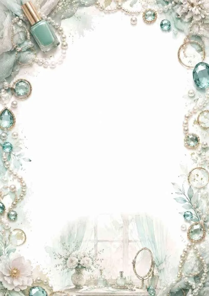Pearl and gem border with flowers, vanity table, and a teal nail polish bottle.