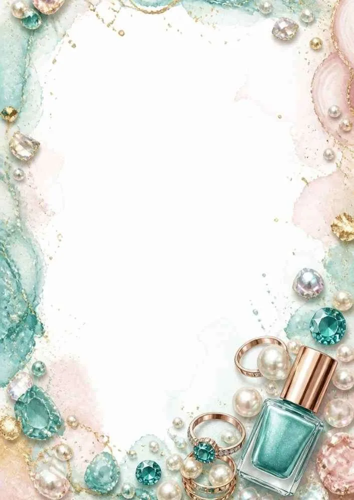 Border with teal gems, pearls, rings, and a teal nail polish bottle.