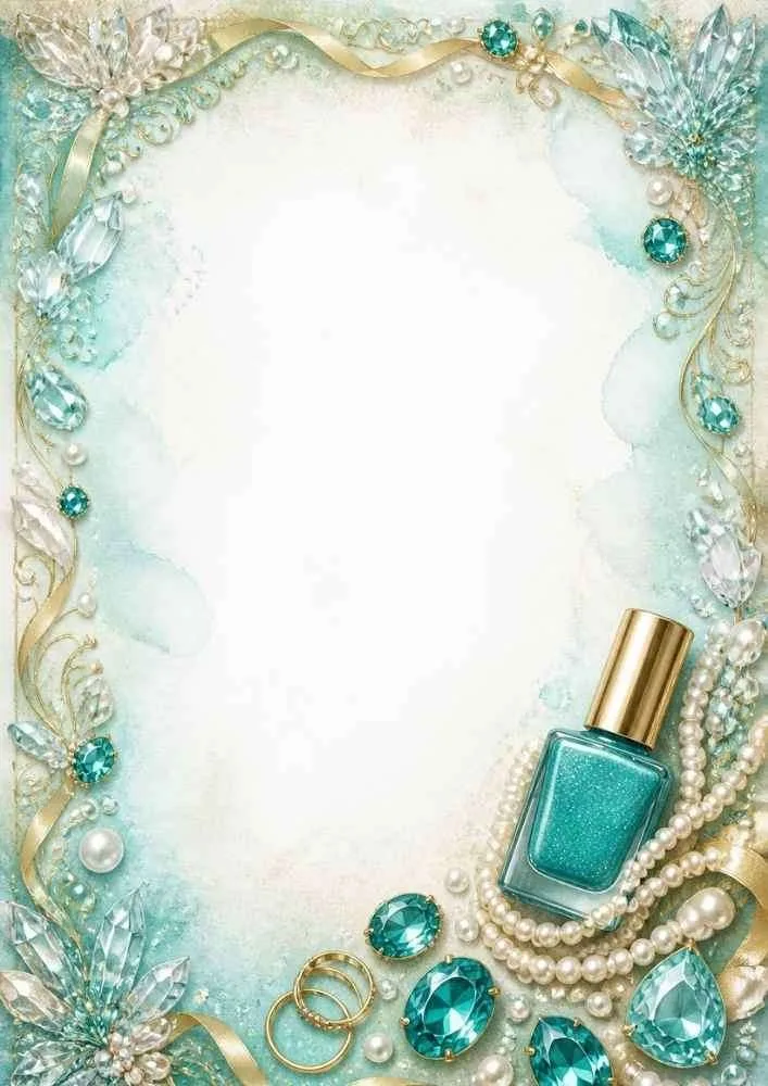 Crystal border with pearls, rings, and a teal nail polish bottle.