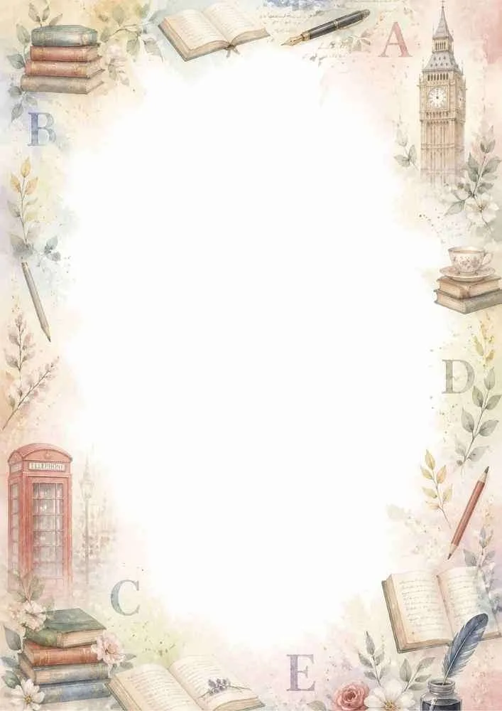 Watercolor border with books, Big Ben, alphabet letters, fountain pens, and a red telephone booth.