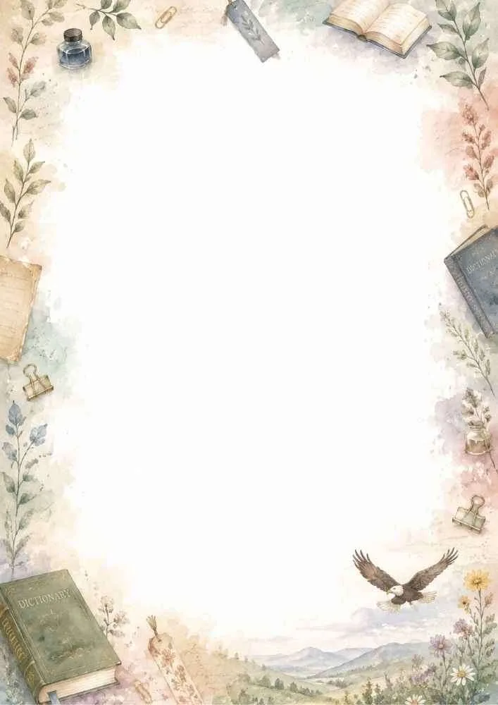 Watercolor border with a dictionary, ink bottle, binder clips, eagle, books, and countryside landscape.