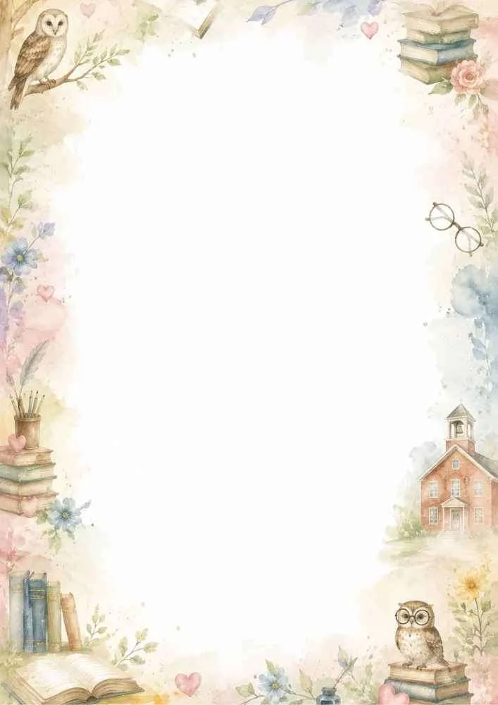 Watercolor border with an owl, schoolhouse, books, flowers, reading glasses, and open books.