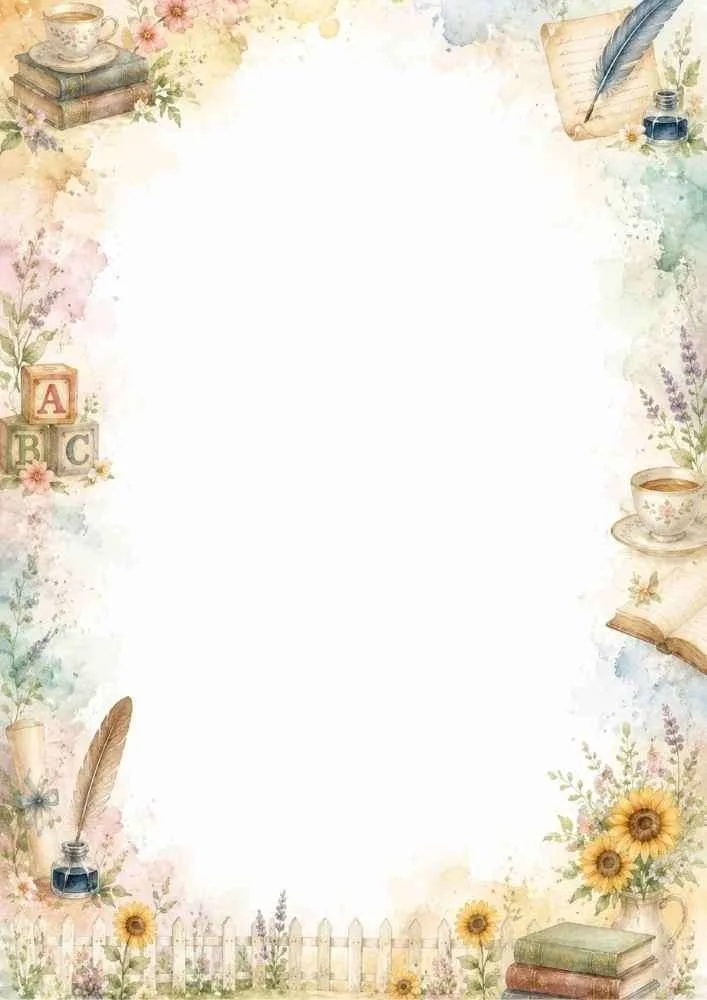 Watercolor border with sunflowers, alphabet blocks, books, teacups, feather quill, ink bottle, and picket fence.