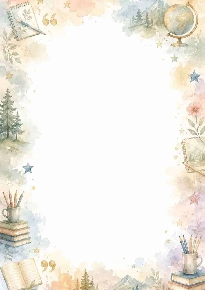 Watercolor border with a globe, notebooks, pencils, mountains, evergreen trees, stars, and books.