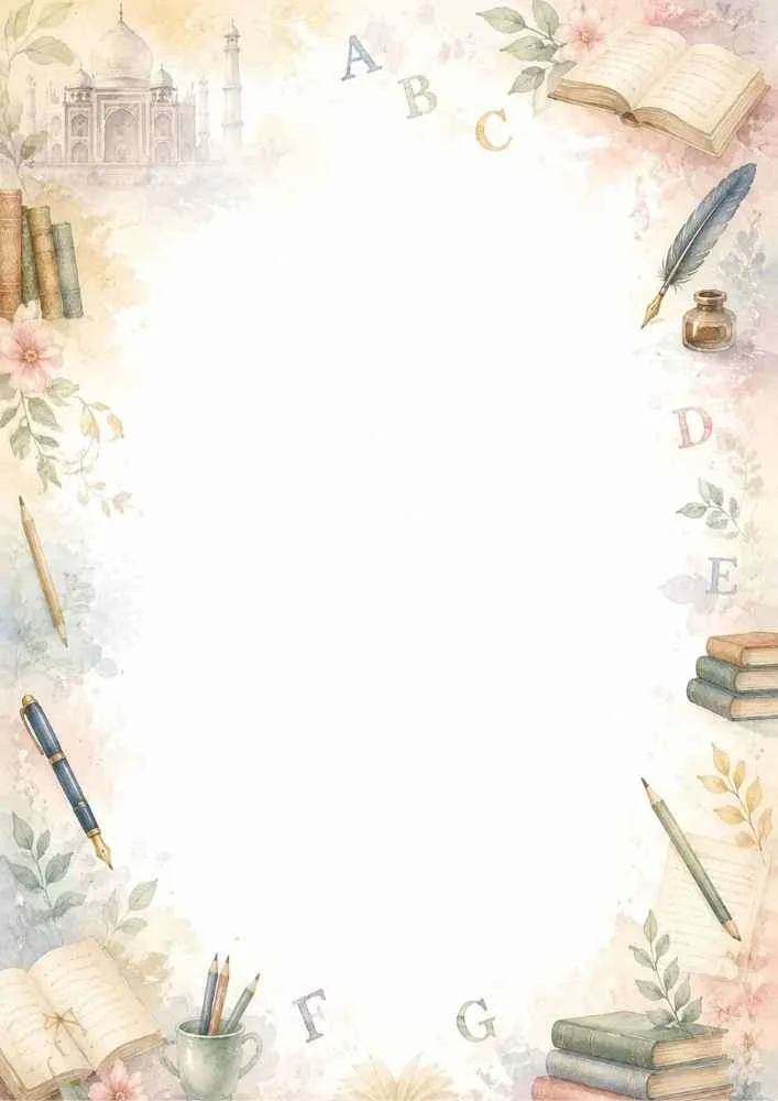 Watercolor border with the Taj Mahal, alphabet letters, fountain pen, books, pencils, and flowers.