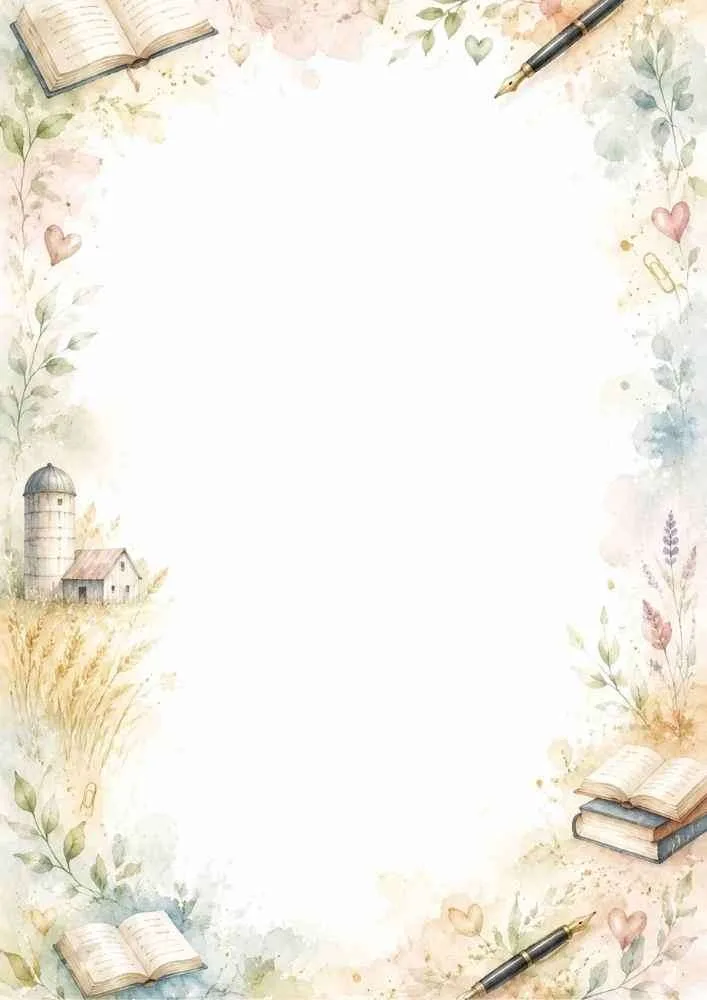 Watercolor border with a farmhouse, wheat fields, books, journals, fountain pens, and hearts.
