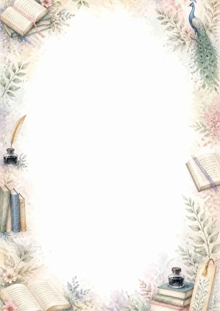 Watercolor border with a peacock, books, ink bottles, feather quills, and flowers.