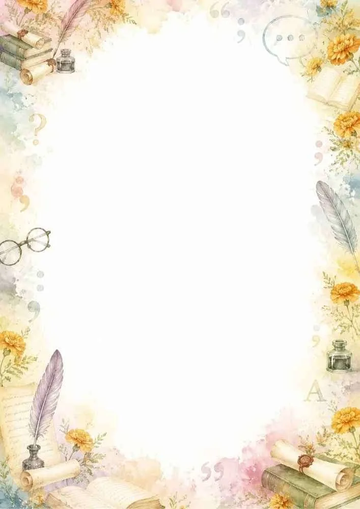 Watercolor border with scrolls, quill pens, ink bottles, books, marigold flowers, and punctuation marks.