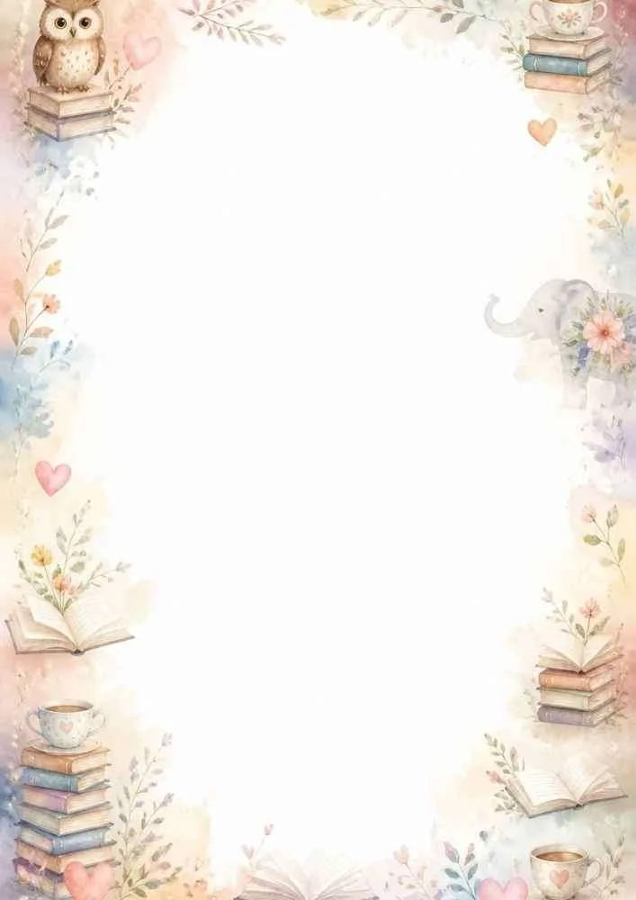 Watercolor reading-themed border with owl, books, teacups, elephant, and flowers.