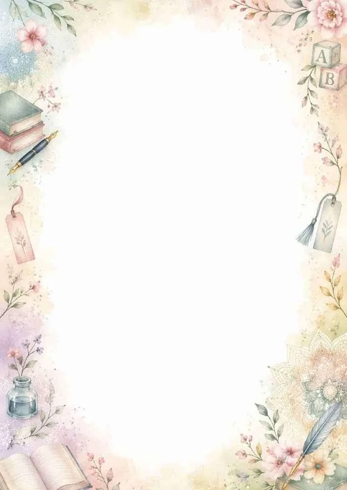 Watercolor border with books, pen, ink bottle, bookmarks, alphabet blocks, and flowers.