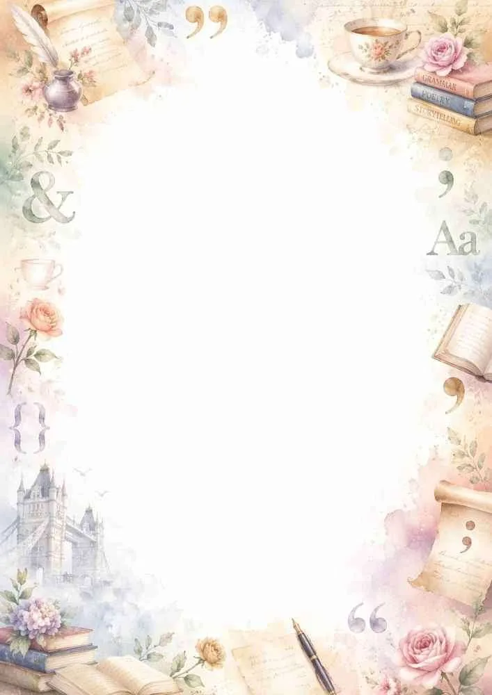 Watercolor border with books, quotation marks, roses, teacups, parchment, and fountain pens.