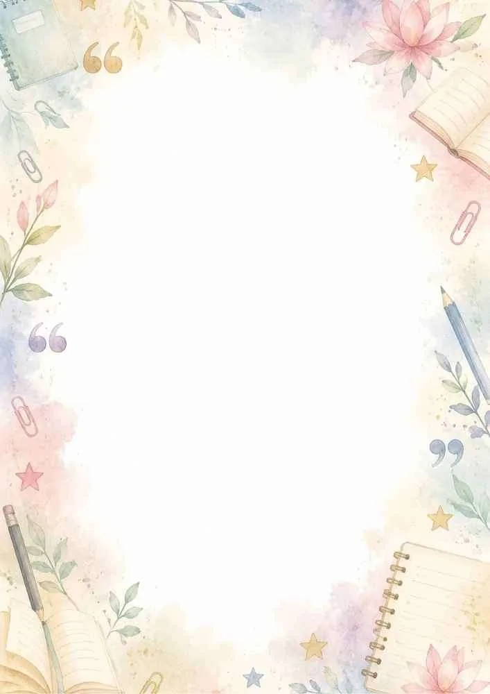 Watercolor study border with notebooks, pencils, paper clips, stars, and flowers.