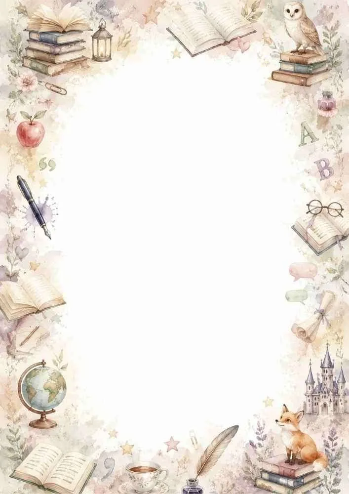 Watercolor storybook border with books, fox, owl, globe, castle, and quill.