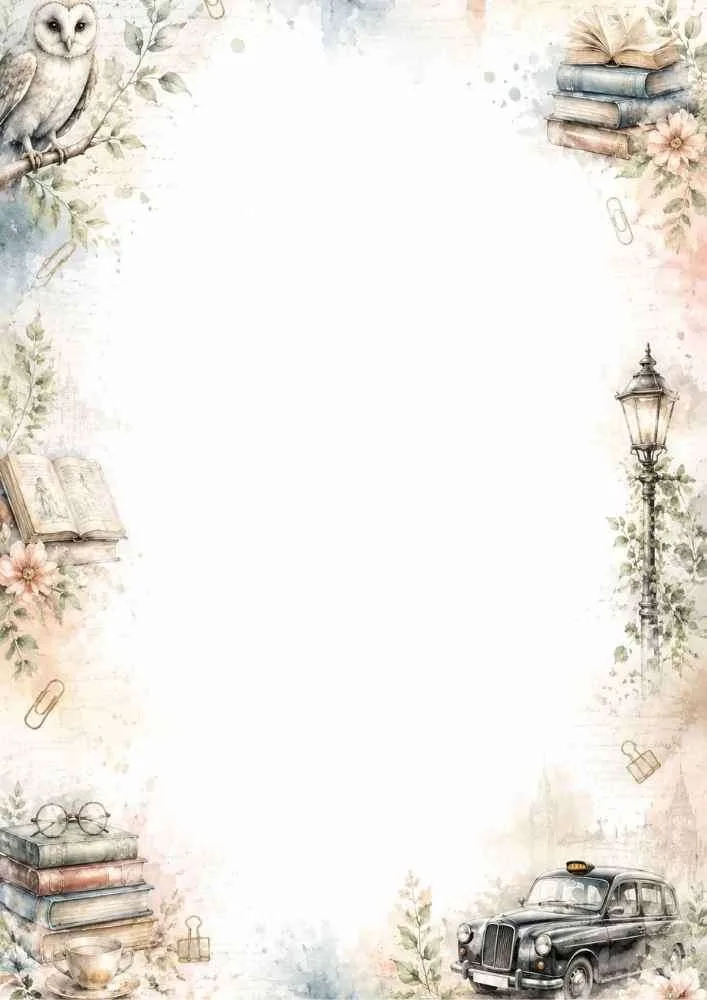 Watercolor border with an owl, books, vintage taxi, street lamp, and open book.