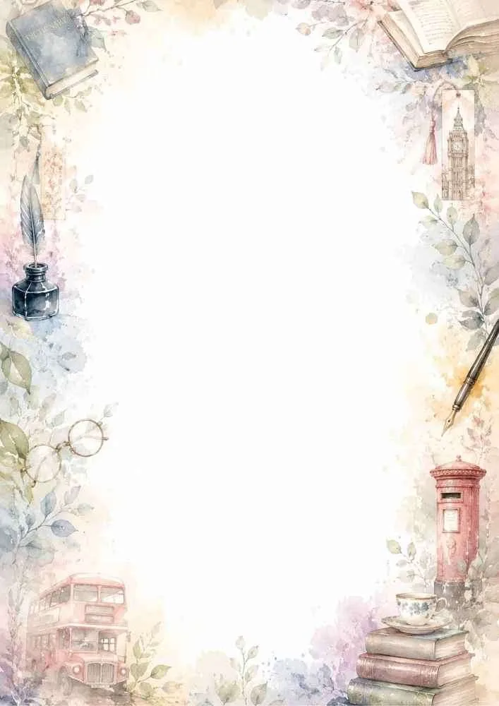 Watercolor border with books, ink bottle, Big Ben, London bus, mailbox, and fountain pen.