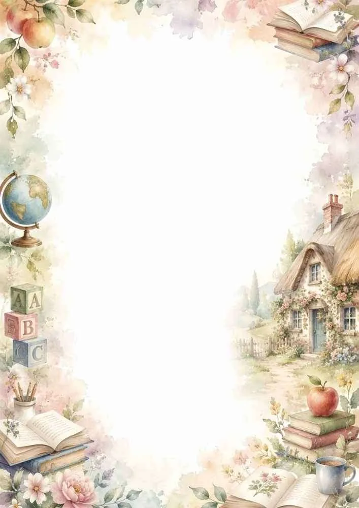 Watercolor border with a cottage, globe, alphabet blocks, books, apples, and flowers.