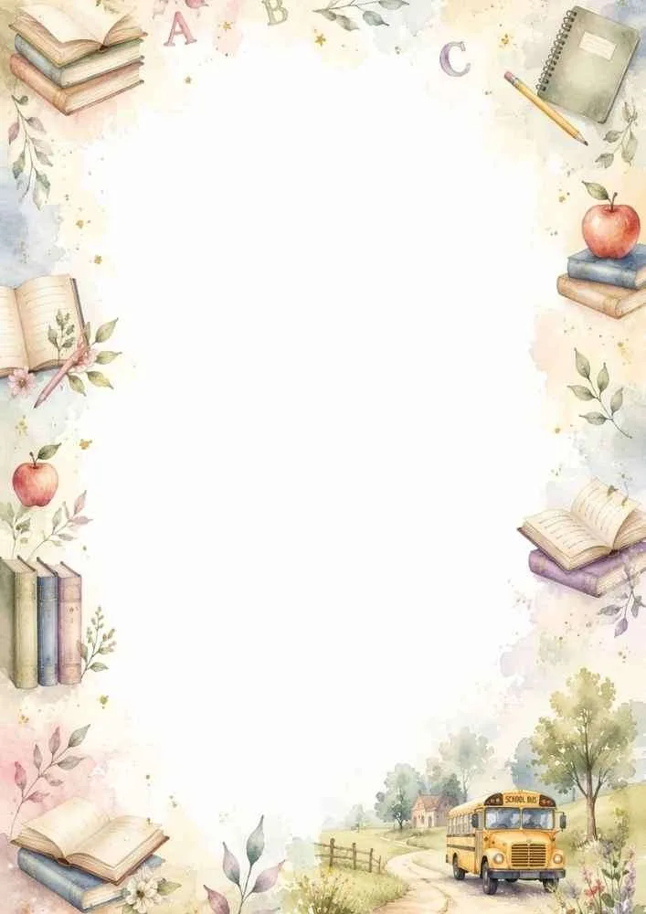 Watercolor border with books, apples, notebooks, alphabet letters, pencils, and a school bus.