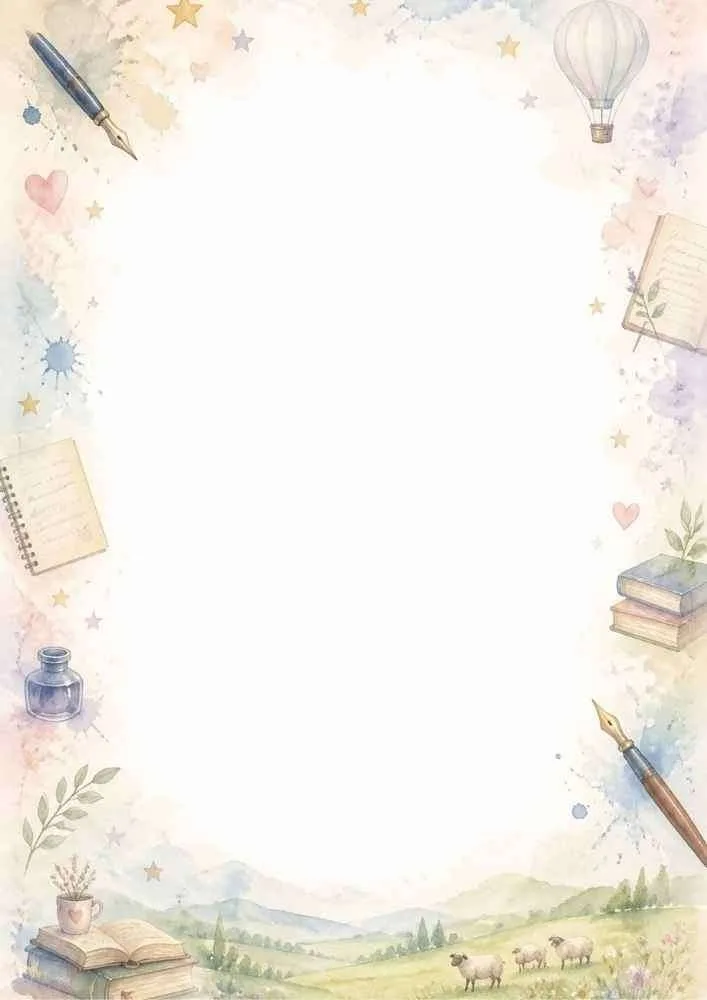 Watercolor border with fountain pens, notebooks, ink bottles, hearts, stars, and countryside scenery.
