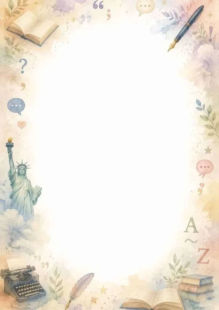 Watercolor border with the Statue of Liberty, books, typewriter, alphabet letters, and speech bubbles.