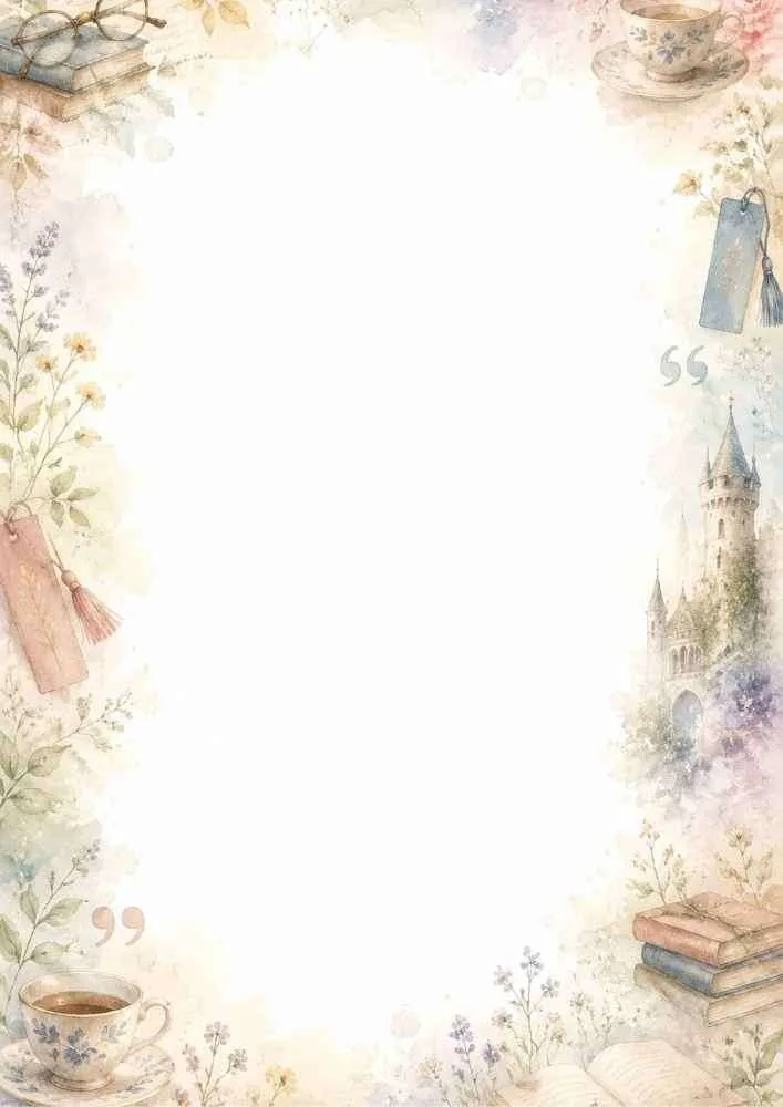 Watercolor border with castle towers, books, teacups, flowers, bookmarks, and quotation marks.