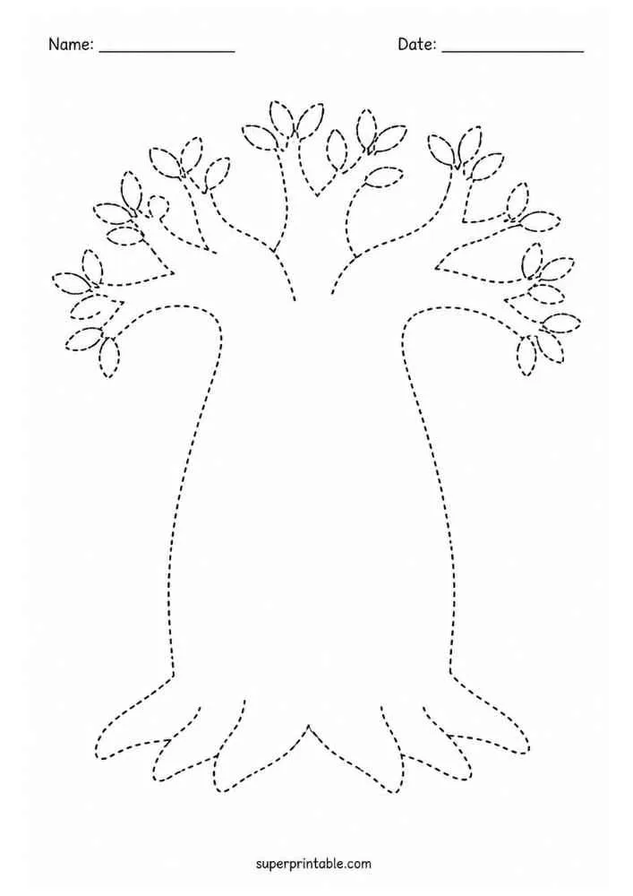 Dotted baobab tree with thick trunk, leafy branches, and Name and Date lines at the top.