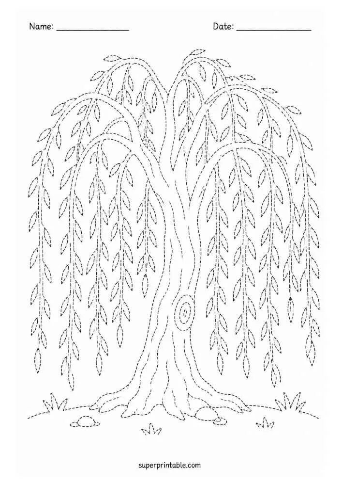 Dotted weeping willow tree with hanging branches, grass, and Name and Date lines.