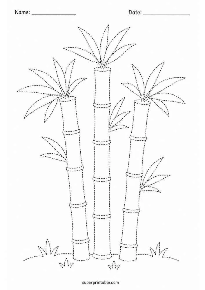 Dotted bamboo stalks with leaves, grass, and Name and Date lines.