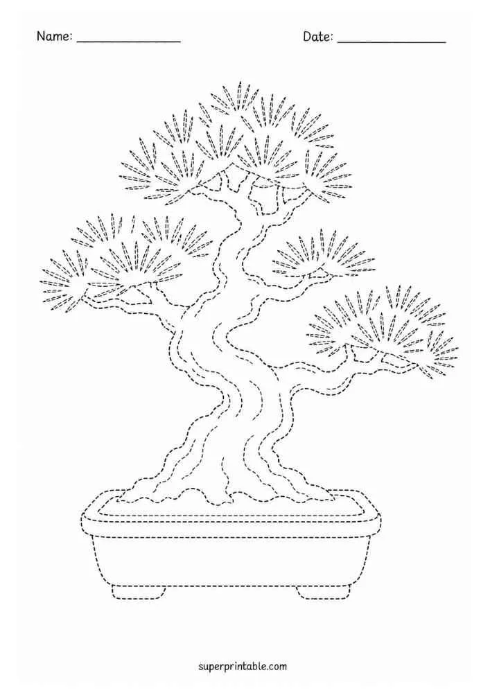 Dotted bonsai tree in a shallow pot with twisting trunk and Name and Date lines.