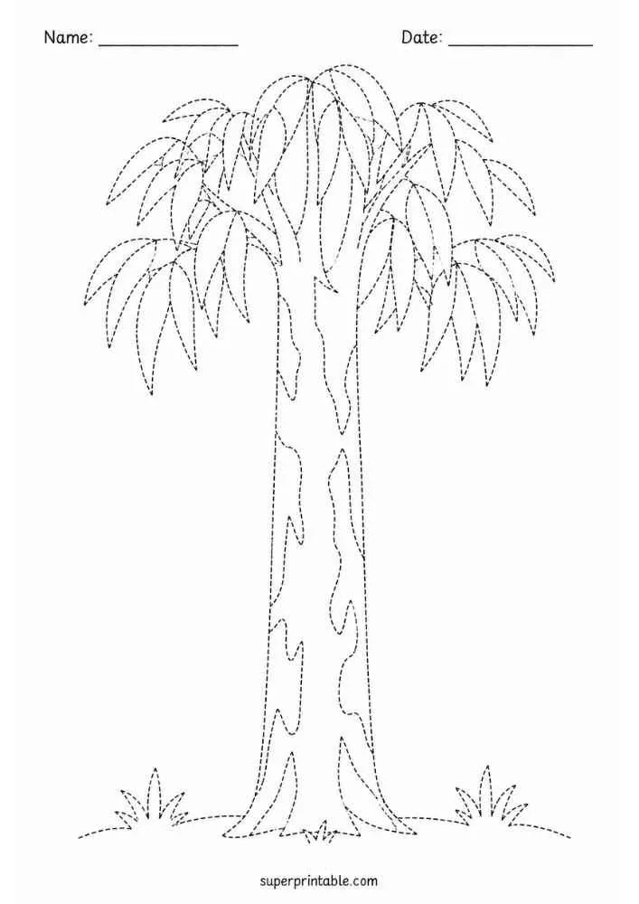 Dotted eucalyptus tree with blossoms on branches and ground, plus Name and Date lines.