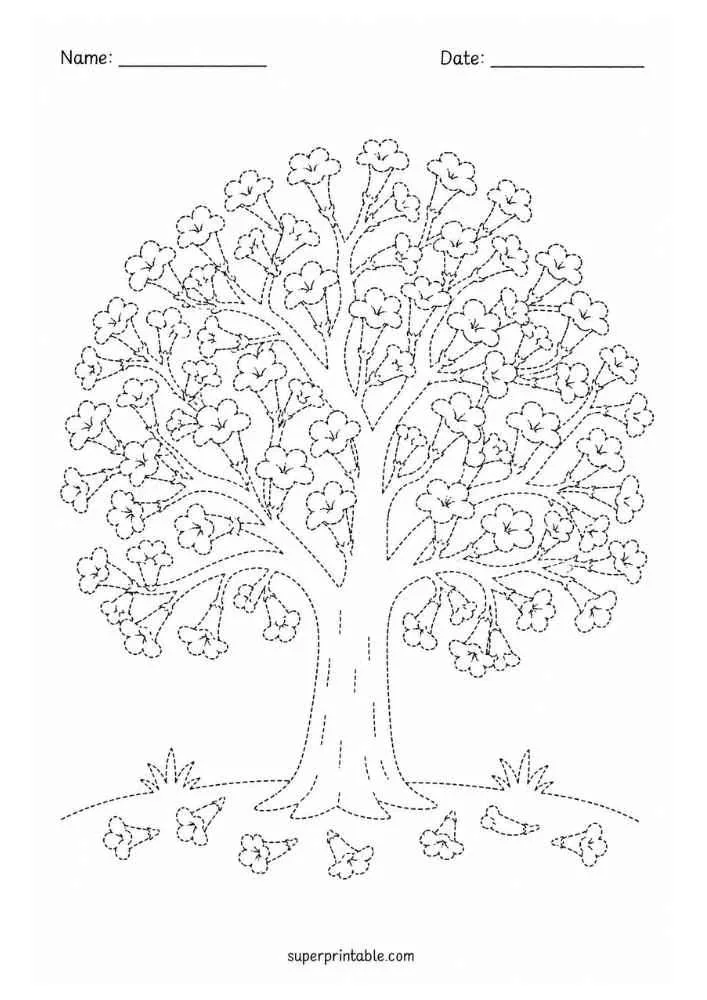 Dotted ginkgo tree with fan shaped leaves, fallen leaves, and Name and Date lines.