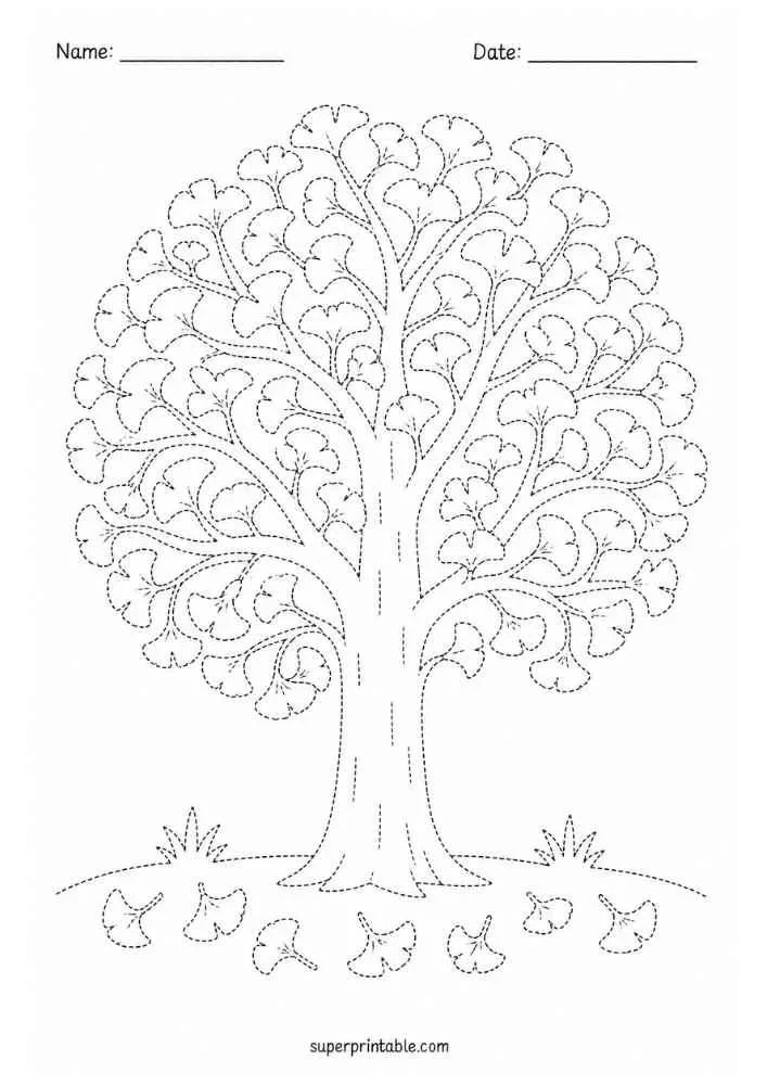 Dotted Norfolk Island pine with layered branches, grass, and Name and Date lines.