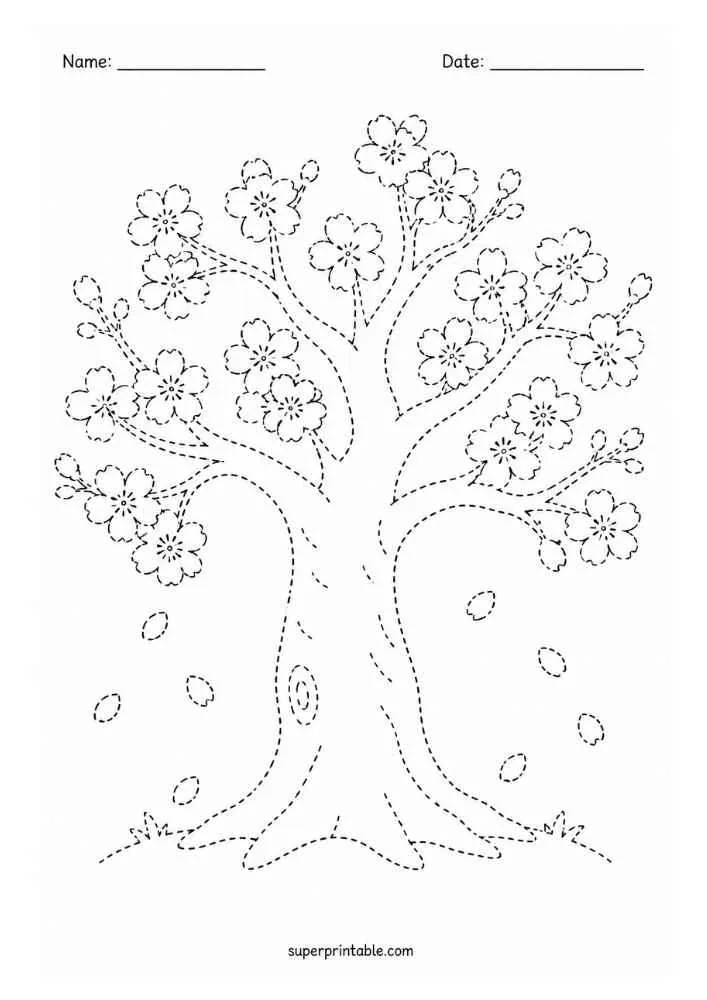 Dotted cherry blossom tree with flowers, petals, grass, and Name and Date lines.