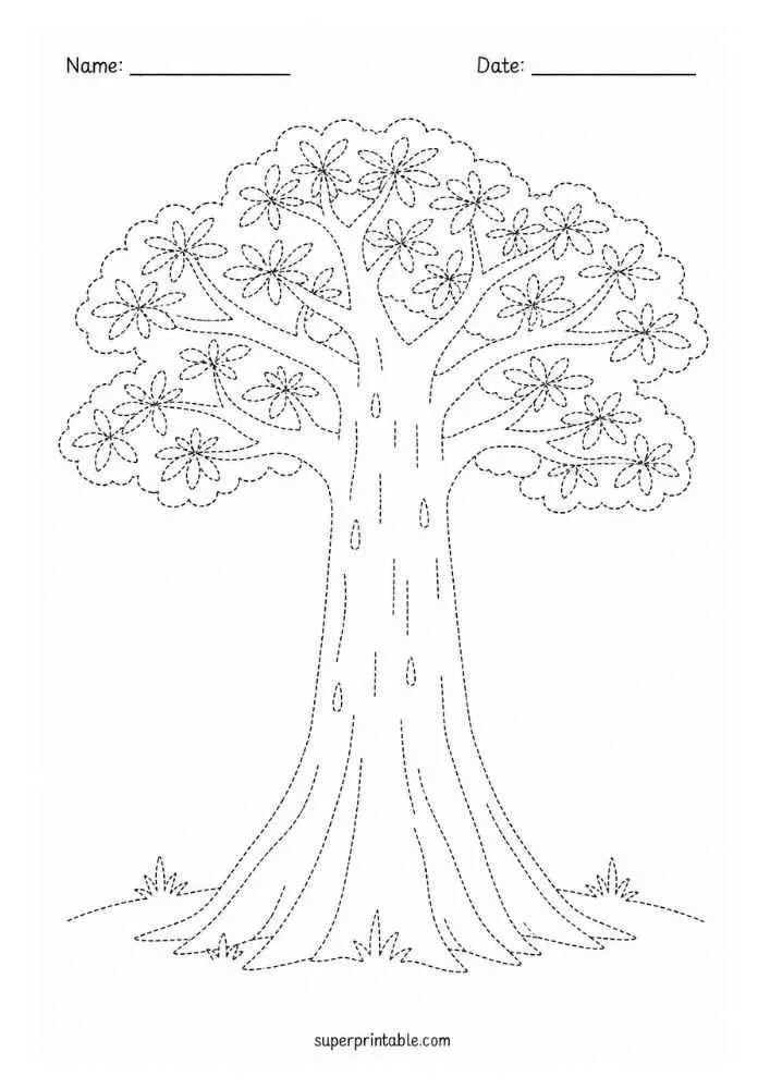 Dotted dogwood tree with blossoms, grass, and Name and Date lines.