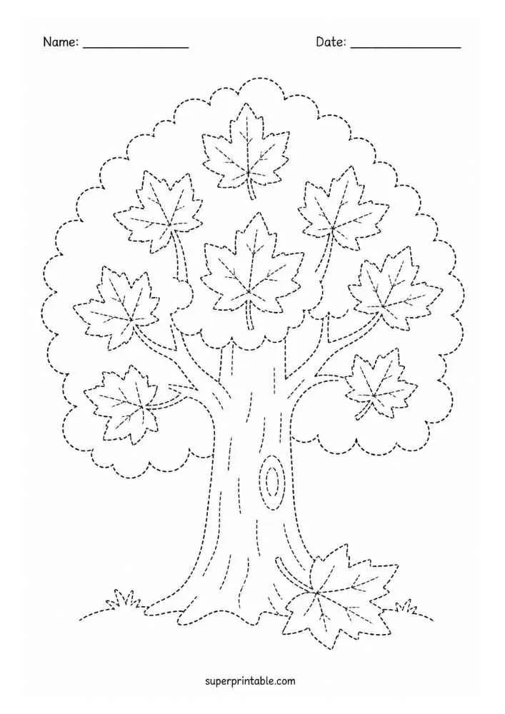 Dotted maple tree with maple leaves, grass, and Name and Date lines.