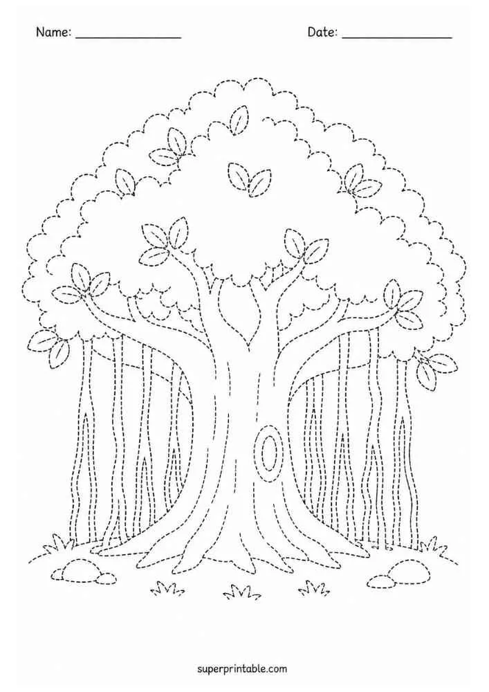 Dotted banyan tree with hanging roots, leaves, rocks, and Name and Date lines.