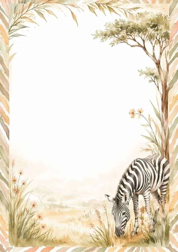 A watercolor border showing a zebra grazing in tall grass with savanna trees and a subtle striped pattern along the edges.