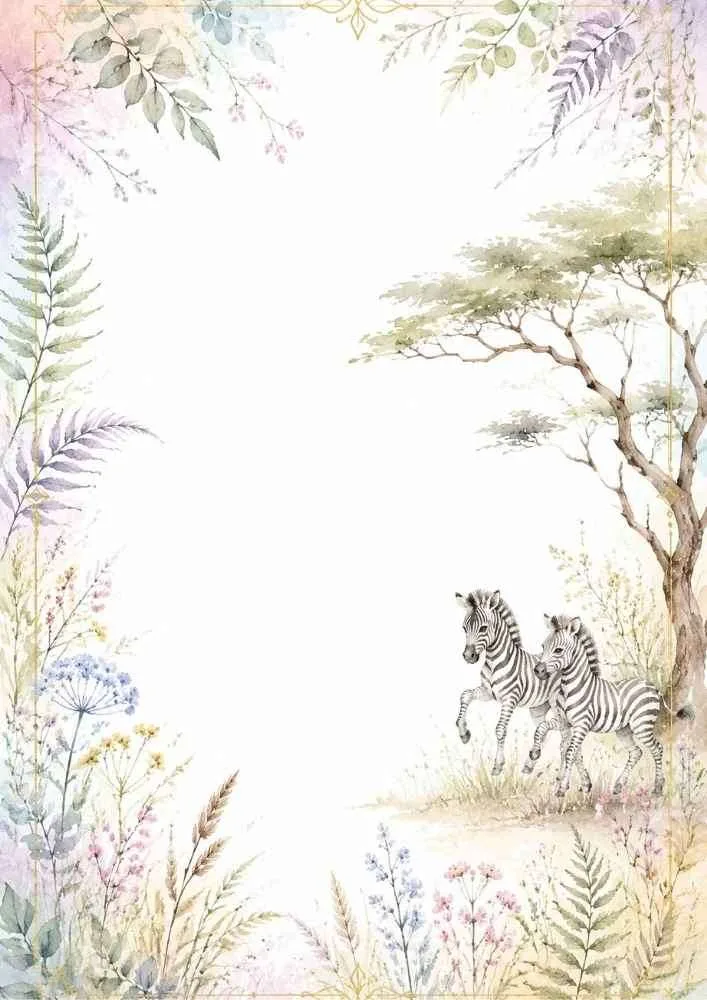 A watercolor border featuring two zebras playing near a tree, colorful wildflowers, green ferns, and a thin gold frame.
