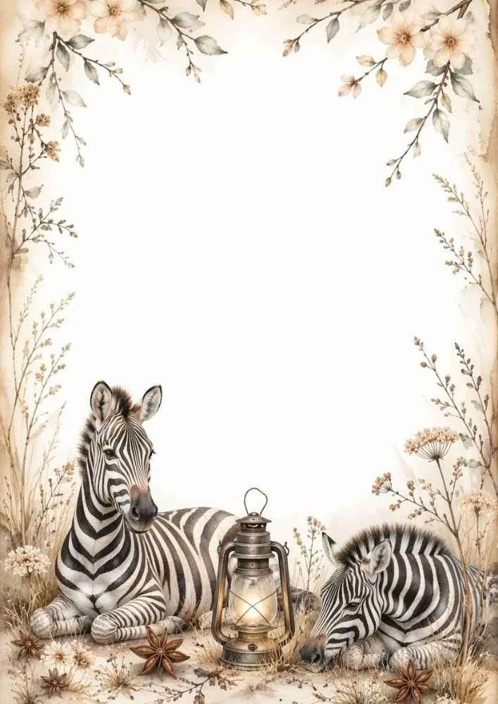A watercolor border showing two resting zebras, a glowing lantern, and dried floral branches on a warm vintage background.