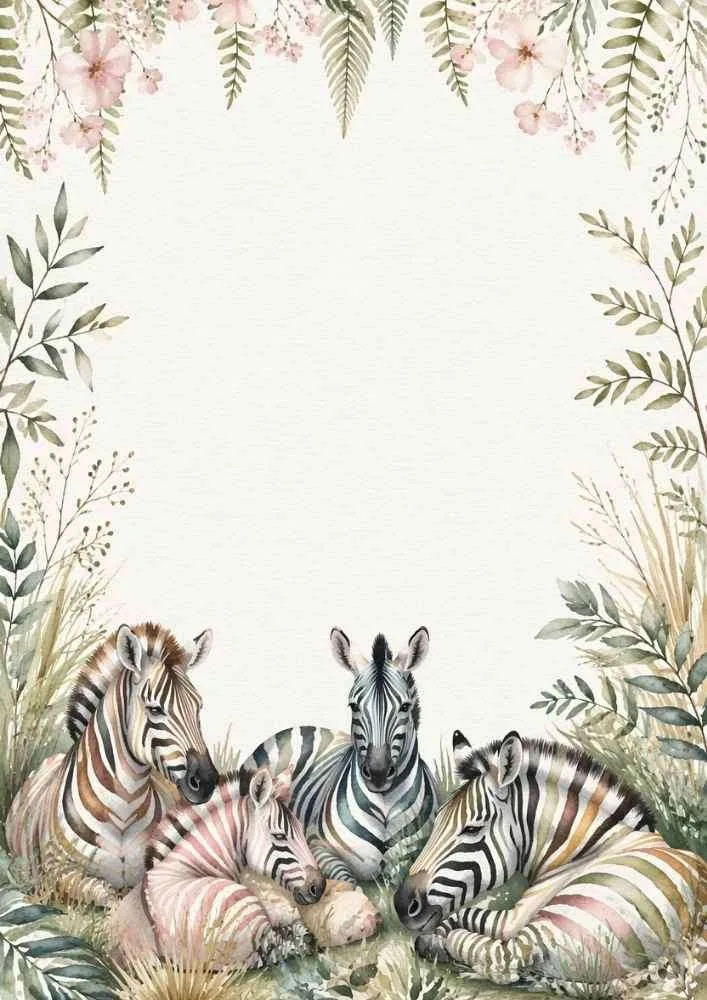 A watercolor border featuring a family of four resting zebras surrounded by tall grasses, green ferns, and pink flowers.