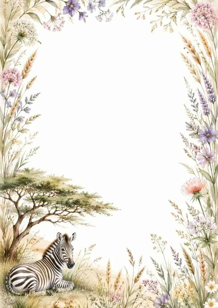 A watercolor border showing a resting zebra under a savanna tree, framed by purple wildflowers and tall golden grasses.