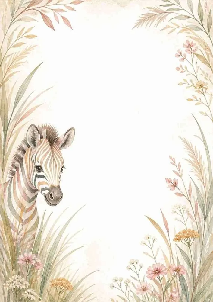 A watercolor border featuring a young zebra peeking from the left, surrounded by tall wild grasses and soft pink flowers.