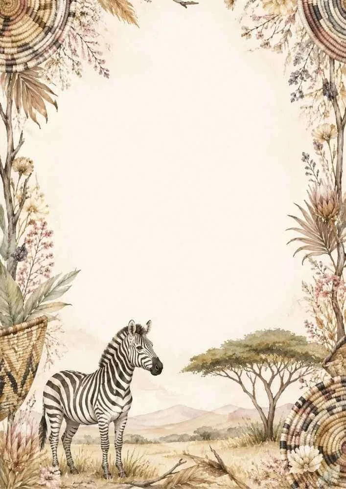 A watercolor border with a standing zebra, savanna trees, traditional woven baskets, and dried botanical flowers.