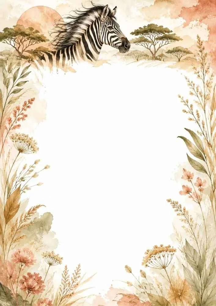 A watercolor border showing a running zebra head at the top under a warm sun, framed by tall grasses and soft flowers.