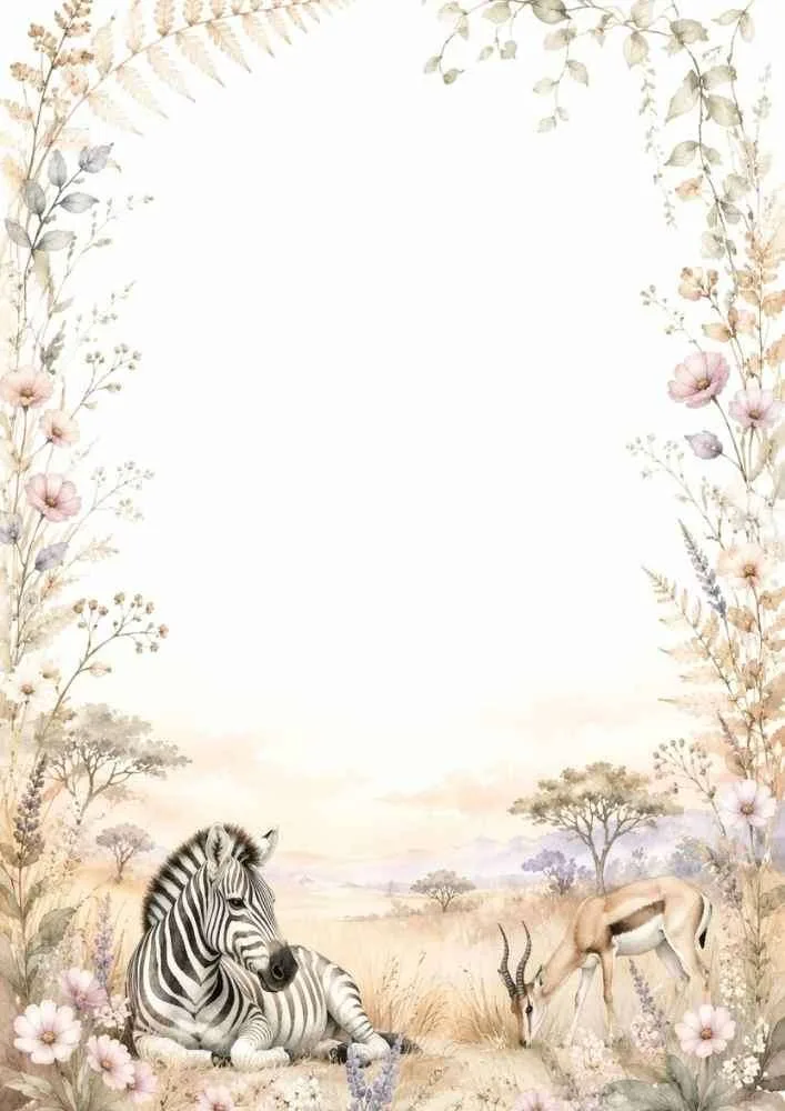 A watercolor border featuring a resting zebra, a grazing gazelle, soft pink wildflowers, green ferns, and savanna trees.