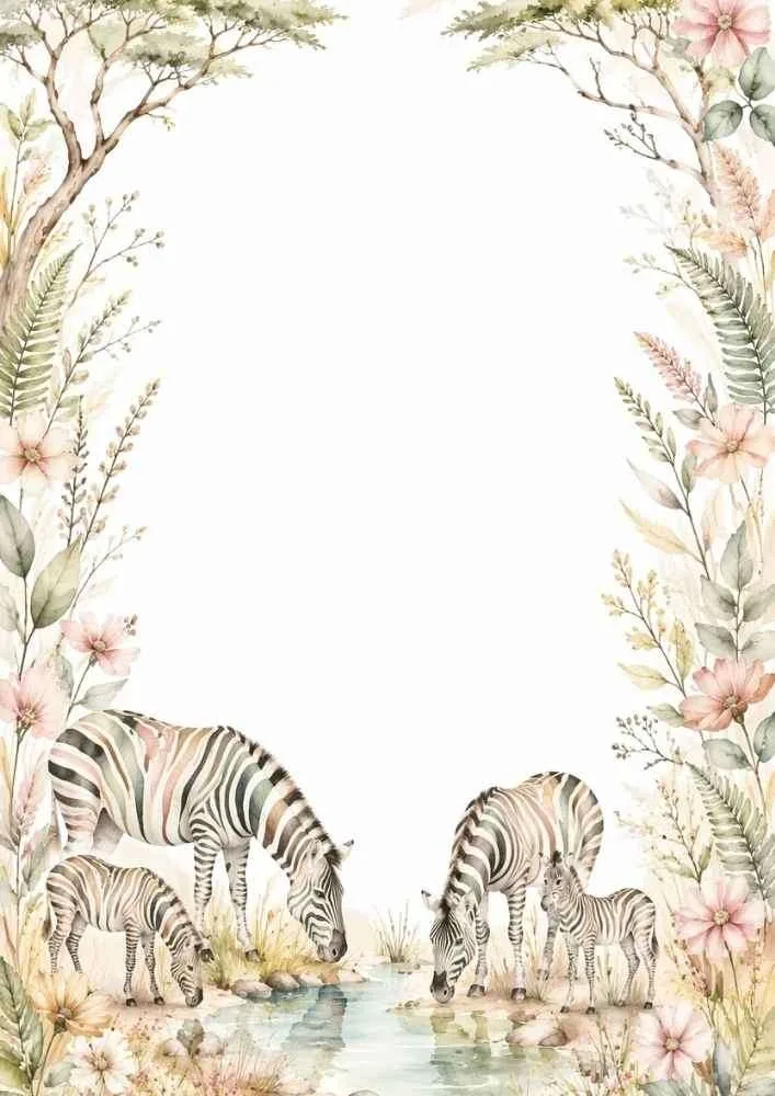 A watercolor border showing a family of zebras drinking from a pond, surrounded by pink flowers, ferns, and savanna trees.